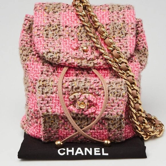 Chanel Pink/Brown Tweed Elegant Chain Backpack Bag - Picture 2 of 12